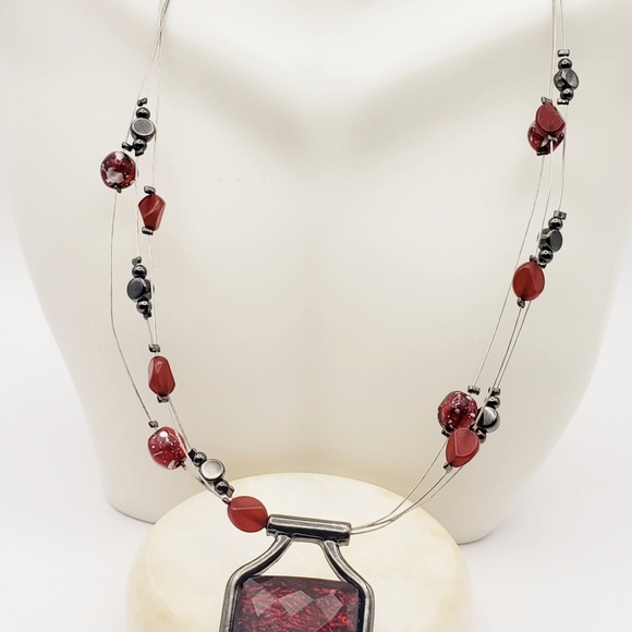 Ruby Red Gem Pendant with Ruby and Gunmetal Floating Beads Necklace - Picture 5 of 8